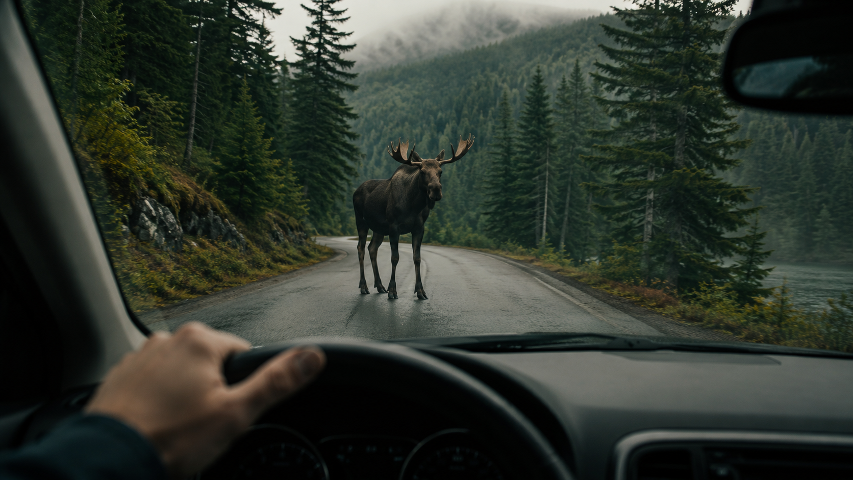 A driver slowing for a moose standing on a forest road