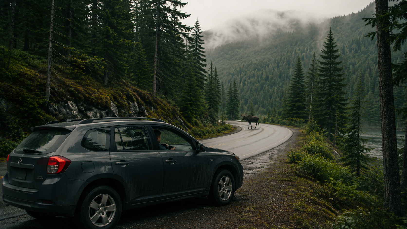 A vehicle fully stopped off the road while a moose remains ahead