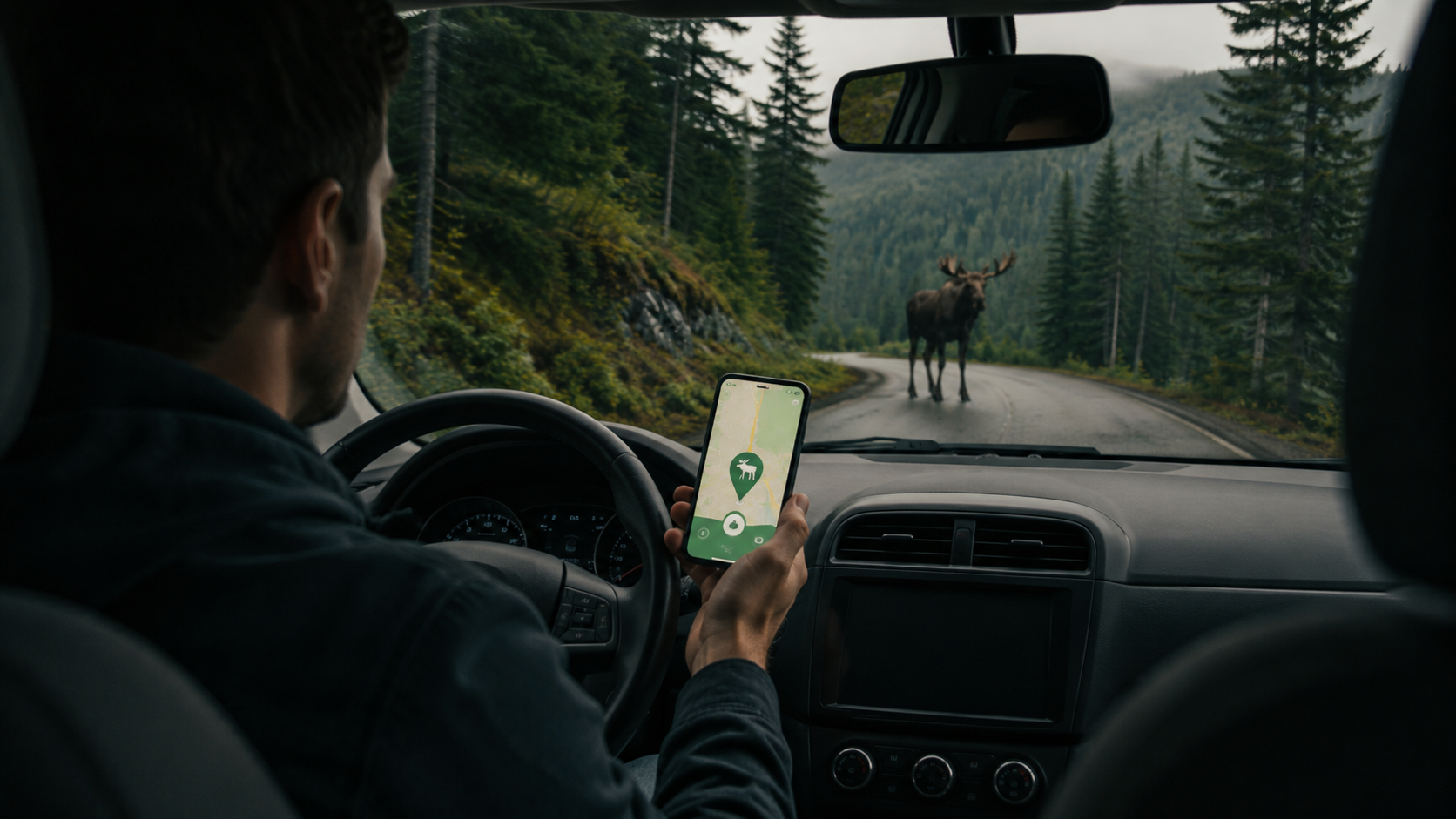 A stopped driver opening Tilsoo to report a moose sighting