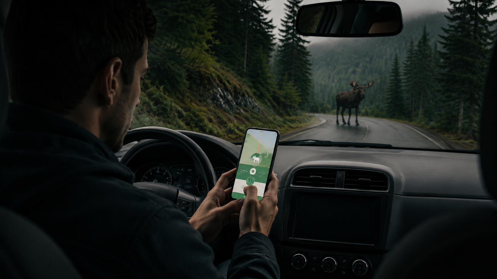 A stopped driver confirming and submitting a wildlife report
