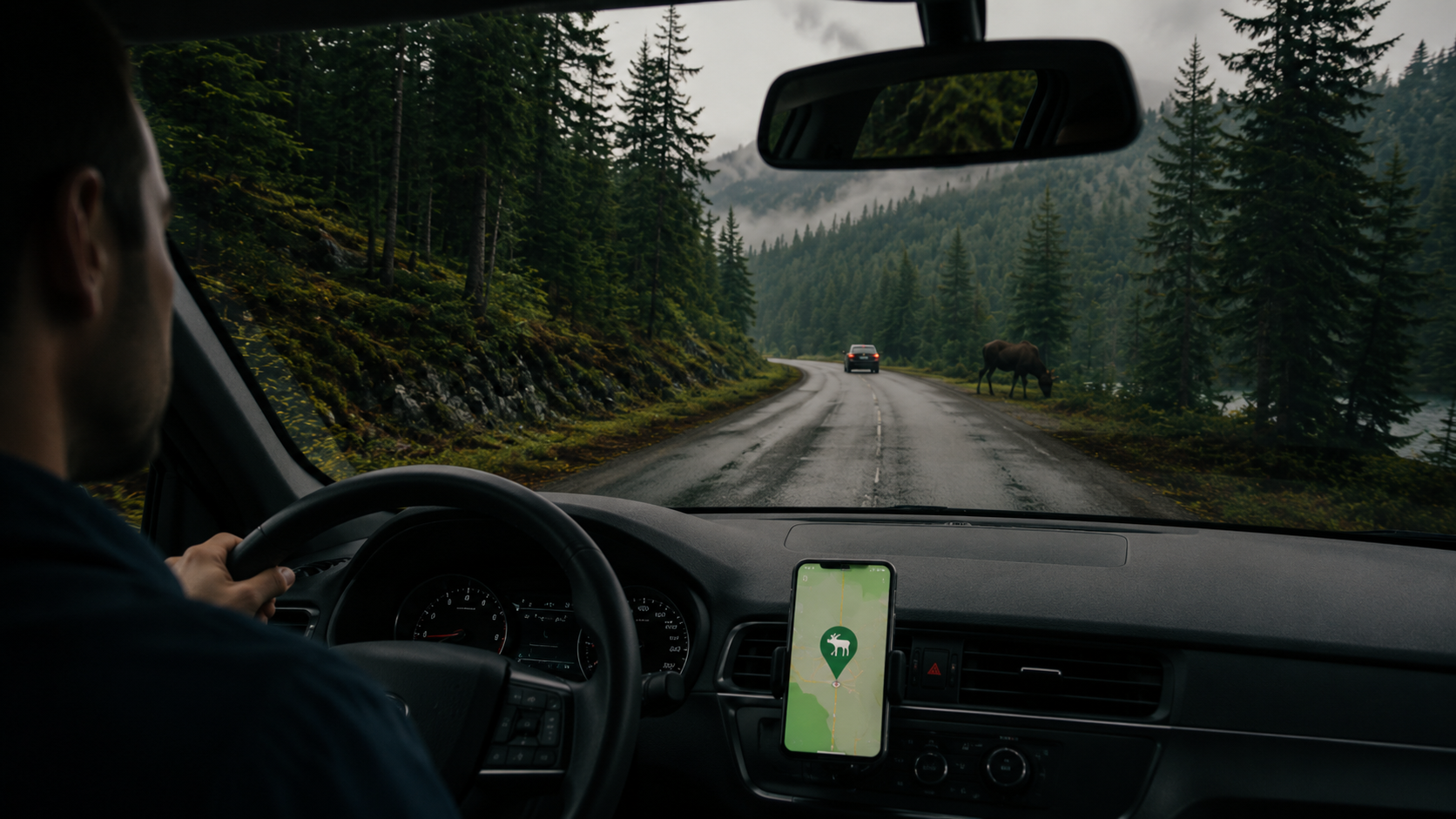 A Tilsoo map warning visible while another vehicle approaches the wildlife area
